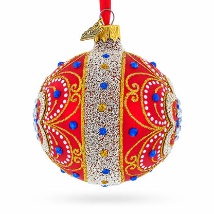 Baroque Filigree with Gemstones on Red Glass Ball Christmas Ornament 3.25 Inches