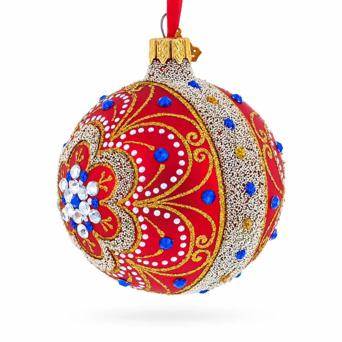 Baroque Filigree with Gemstones on Red Glass Ball Christmas Ornament 3.25 Inches