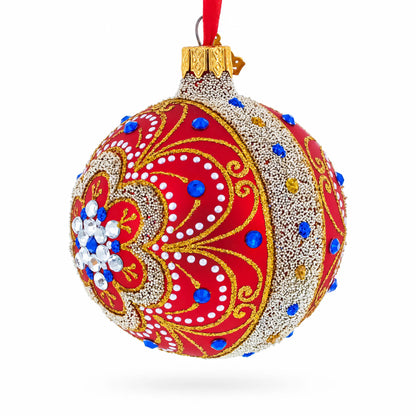 Baroque Filigree with Gemstones on Red Glass Ball Christmas Ornament 3.25 Inches