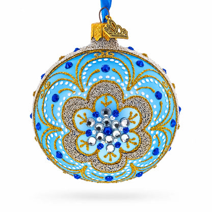 Baroque Filigree with Gemstones on Blue Glass Ball Christmas Ornament 3.25 Inches
