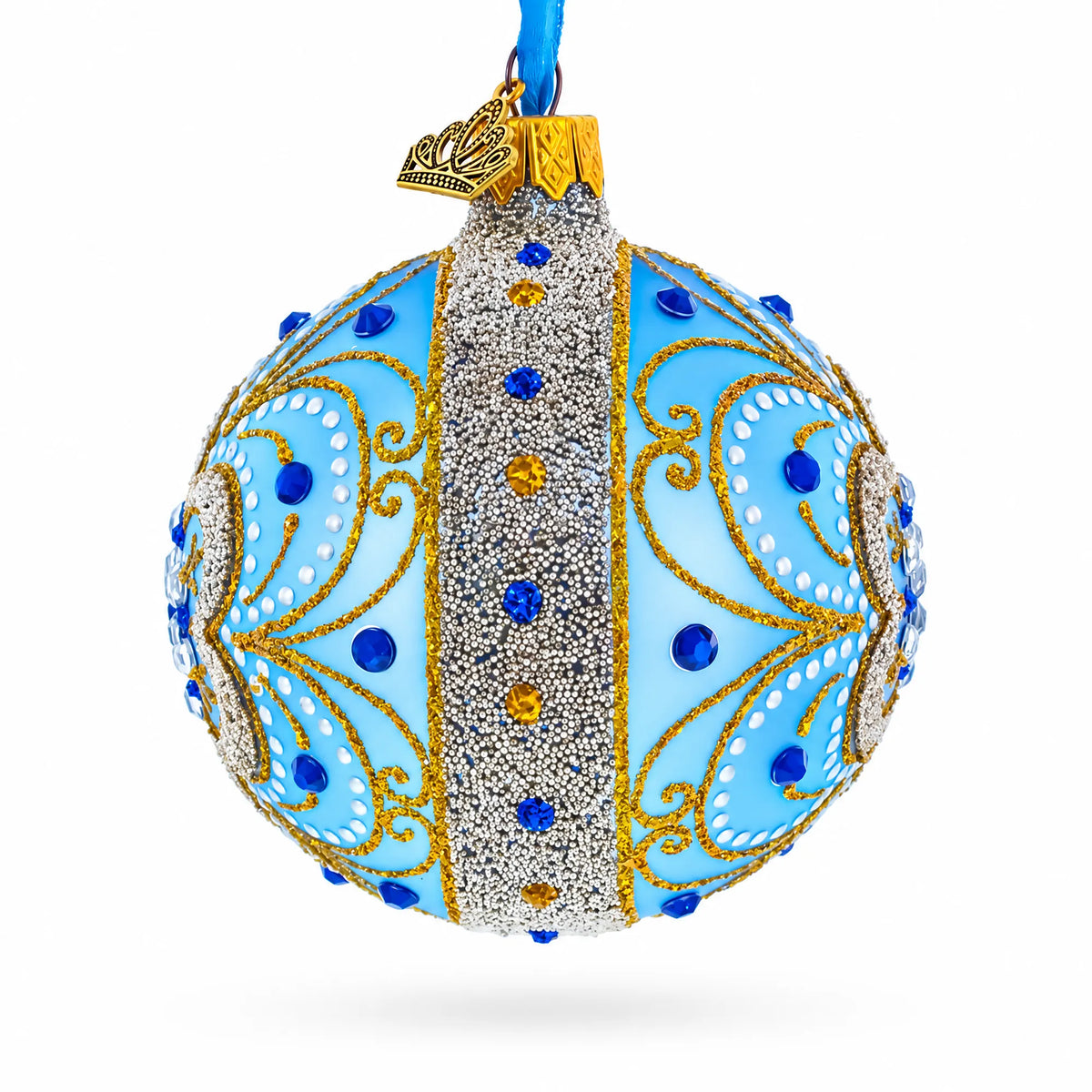 Baroque Filigree with Gemstones on Blue Glass Ball Christmas Ornament 3.25 Inches
