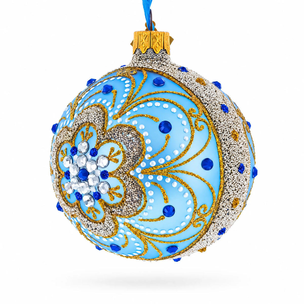 Baroque Filigree with Gemstones on Blue Glass Ball Christmas Ornament 3.25 Inches