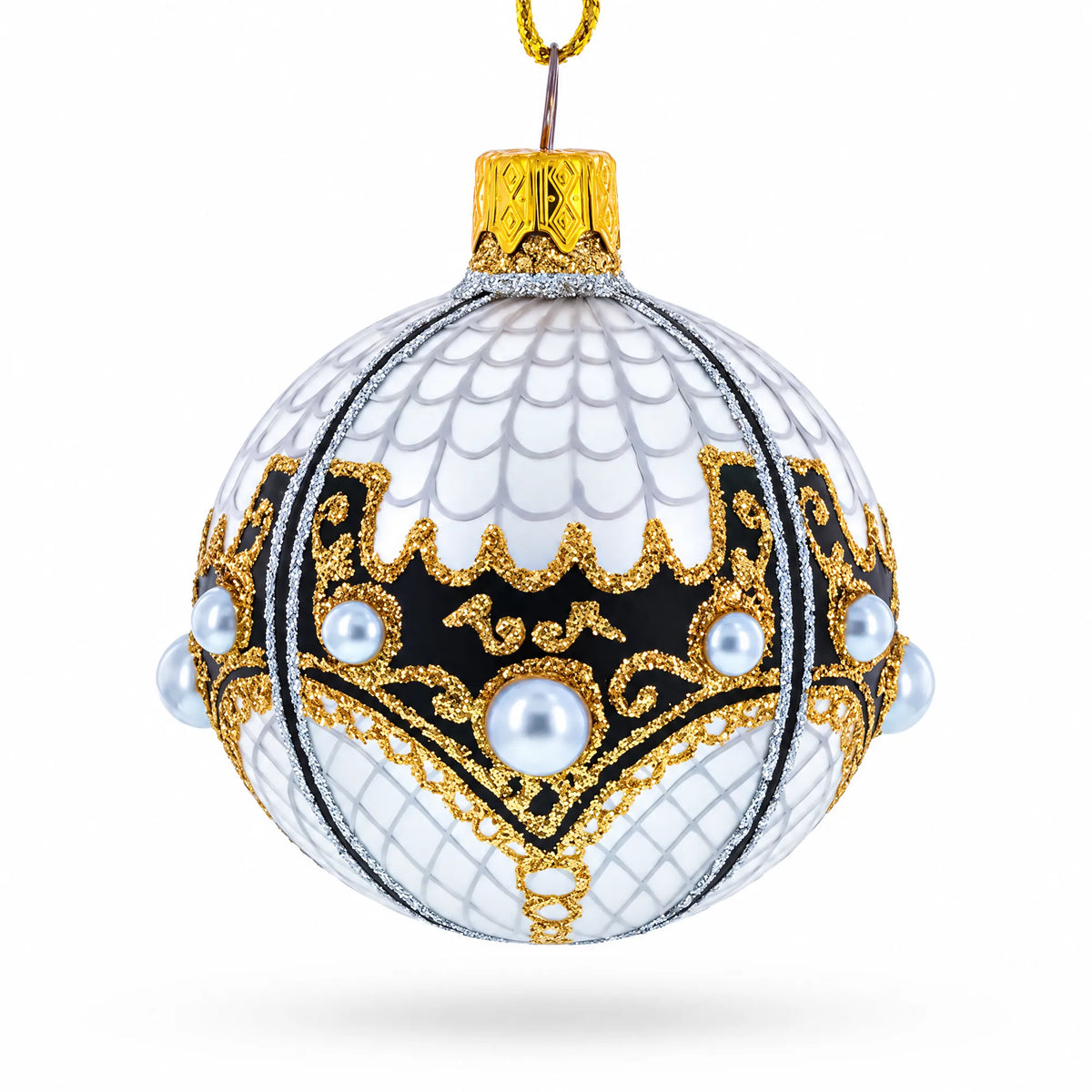 Mother Of Pearl on Gold Filigree Glass Ball Christmas Ornament 2.4 Inches