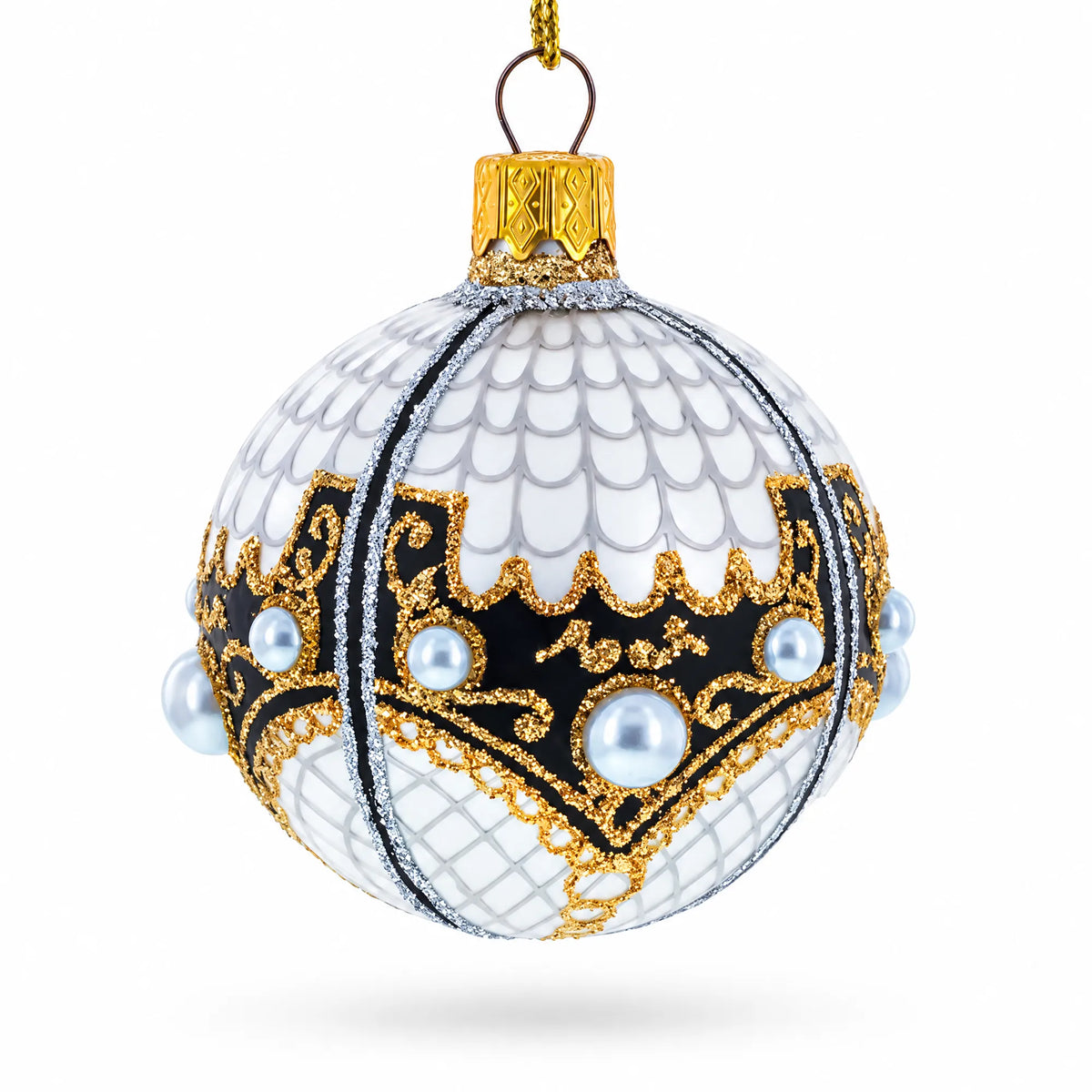 Mother Of Pearl on Gold Filigree Glass Ball Christmas Ornament 2.4 Inches