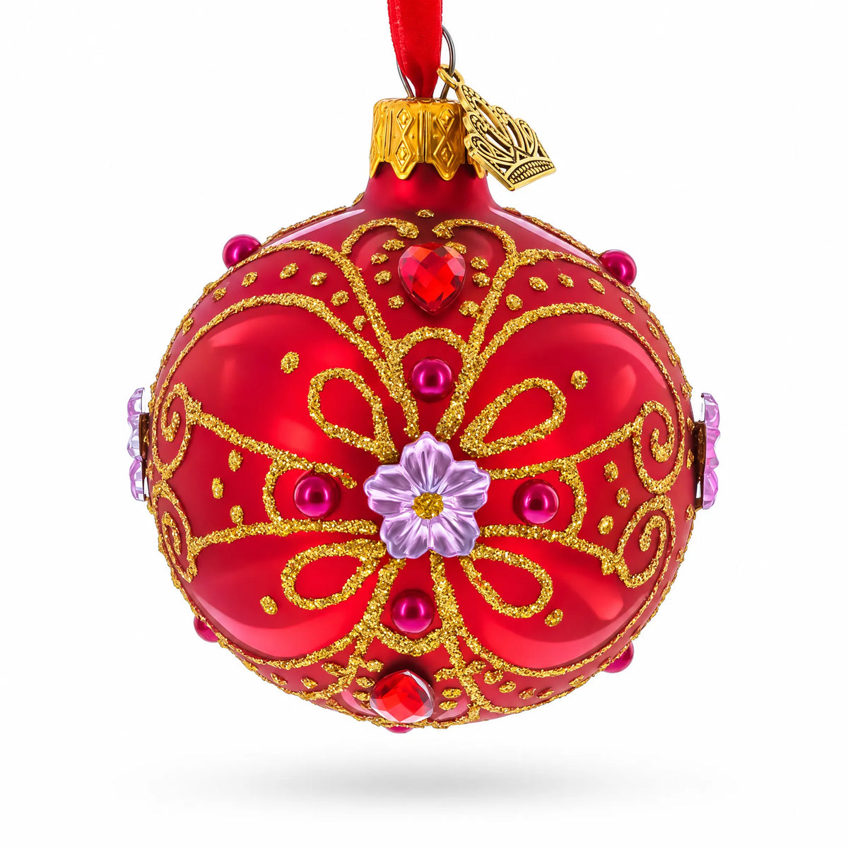 Red and Gold Glitter Scrollwork & Gem Accents Glass Ball Christmas Ornament 2.4 Inches