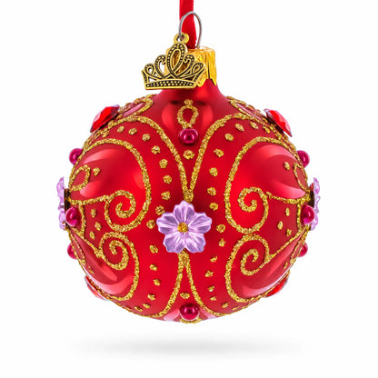 Red and Gold Glitter Scrollwork & Gem Accents Glass Ball Christmas Ornament 2.4 Inches