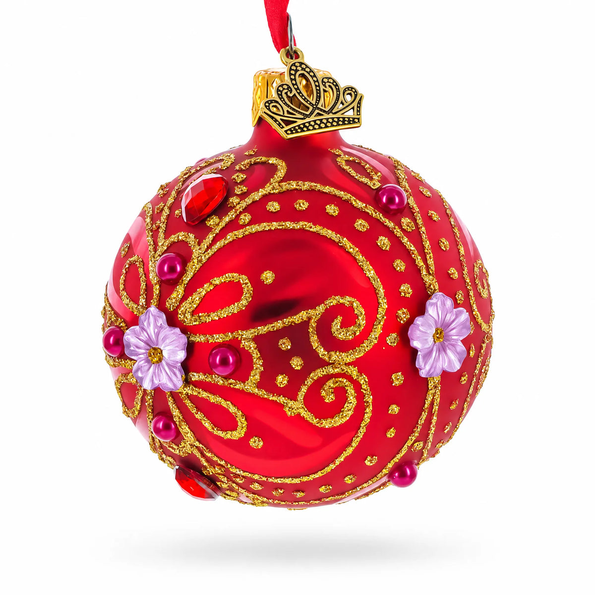 Red and Gold Glitter Scrollwork & Gem Accents Glass Ball Christmas Ornament 2.4 Inches