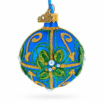 Green & Gold Glitter Pearls & Floral Accents Blue Glass Ball Christmas Ornament 2.4 Inches