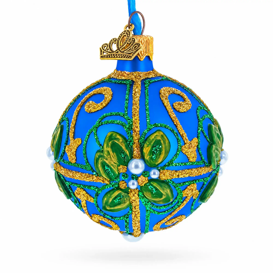 Green & Gold Glitter Pearls & Floral Accents Blue Glass Ball Christmas Ornament 2.4 Inches BestPysanky Default Title Default Title-