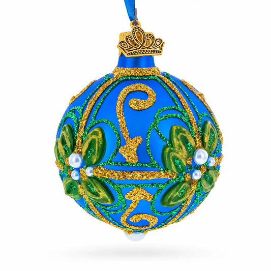 Green & Gold Glitter Pearls & Floral Accents Blue Glass Ball Christmas Ornament 2.4 Inches BestPysanky Default Title Default Title-