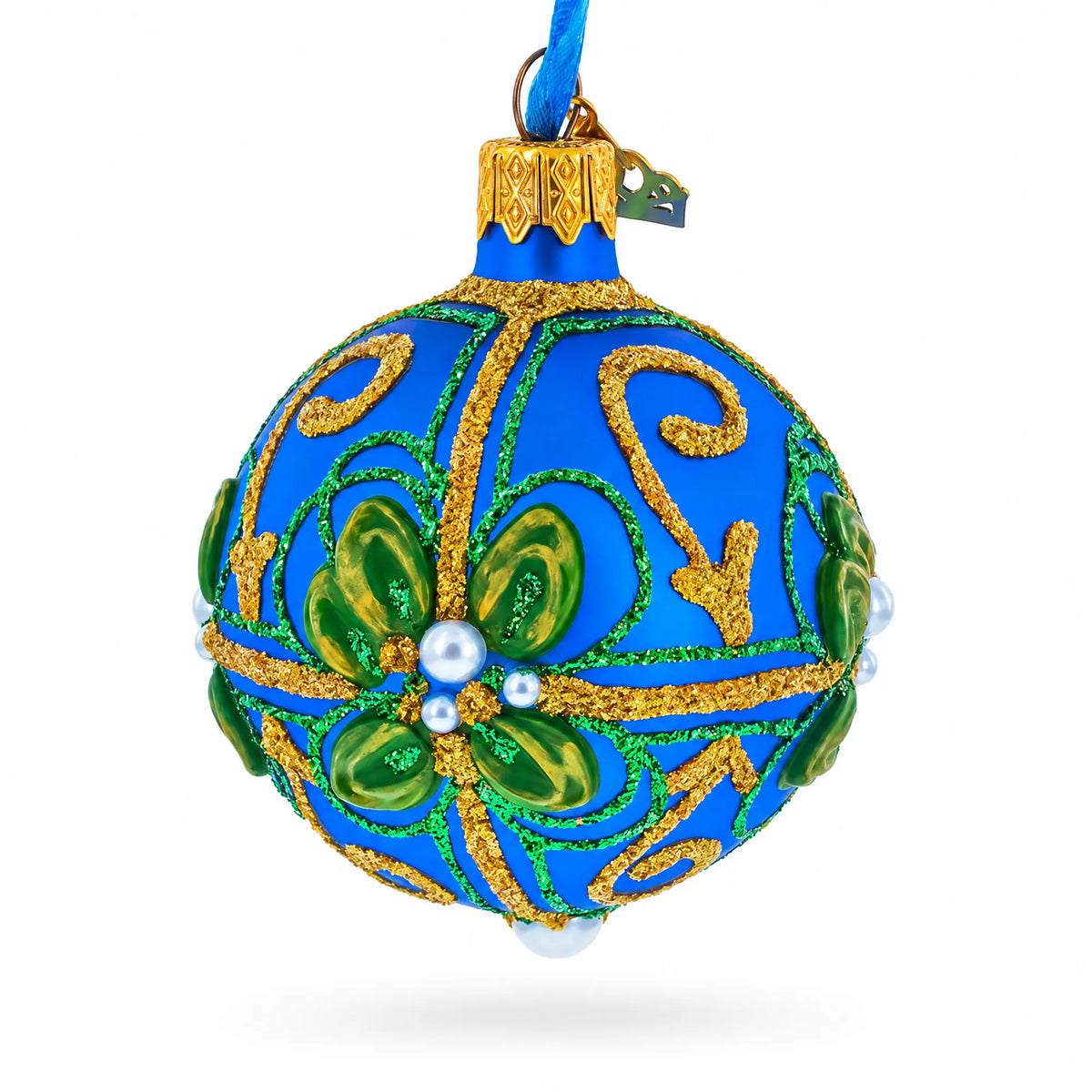 Green & Gold Glitter Pearls & Floral Accents Blue Glass Ball Christmas Ornament 2.4 Inches