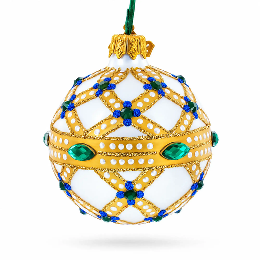Yellow Trellis, Green Gems & Royal Blue Accents Glass Ball Christmas Ornament 2.4 Inches BestPysanky Default Title Default Title-