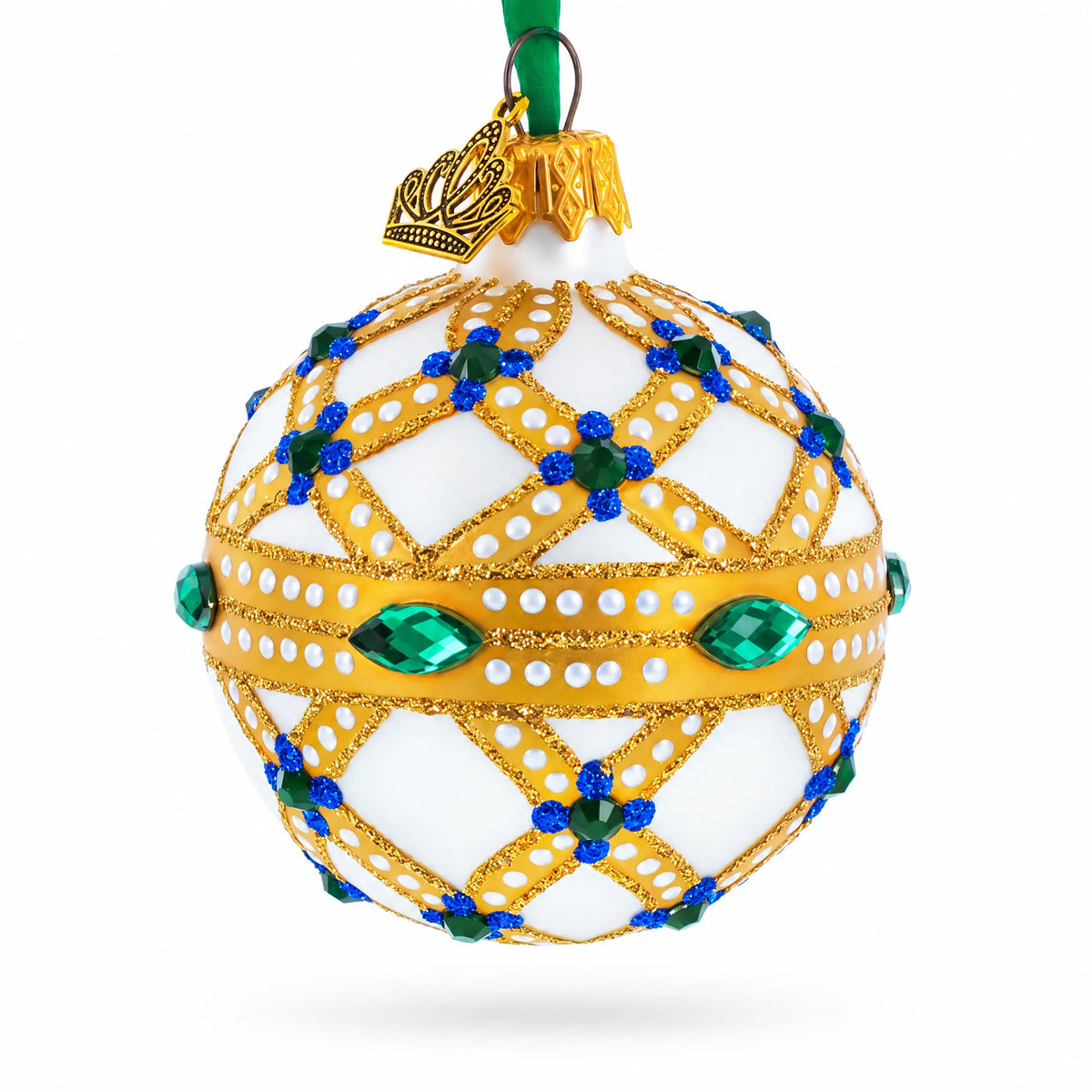 Yellow Trellis, Green Gems & Royal Blue Accents Glass Ball Christmas Ornament 2.4 Inches