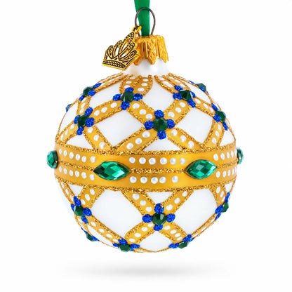Yellow Trellis, Green Gems & Royal Blue Accents Glass Ball Christmas Ornament 2.4 Inches