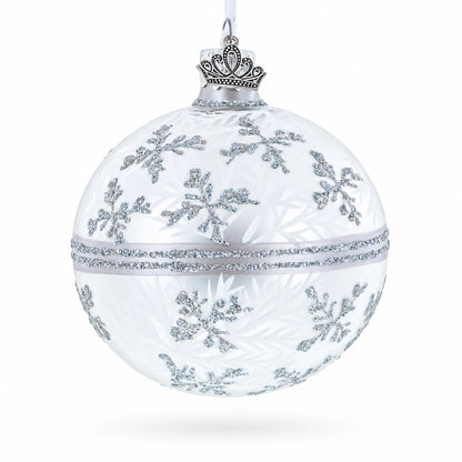 White Winter Glitter Snowflake Design Glass Ball Christmas Ornament 3.25 Inches