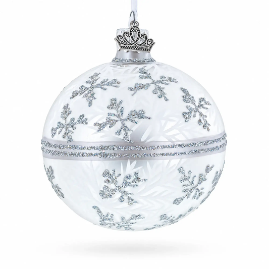 White Winter Glitter Snowflake Design Glass Ball Christmas Ornament 3.25 Inches BestPysanky Default Title Default Title-