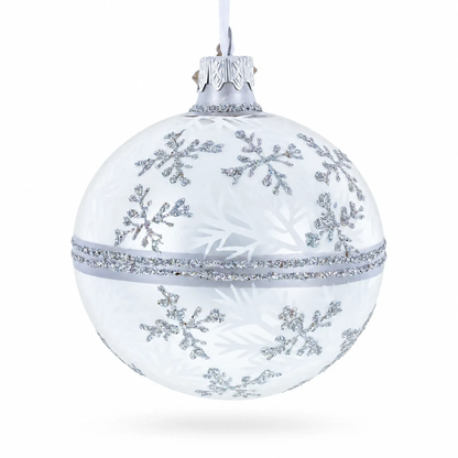 White Winter Glitter Snowflake Design Glass Ball Christmas Ornament 3.25 Inches