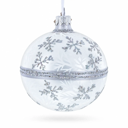 White Winter Glitter Snowflake Design Glass Ball Christmas Ornament 3.25 Inches BestPysanky Default Title Default Title-