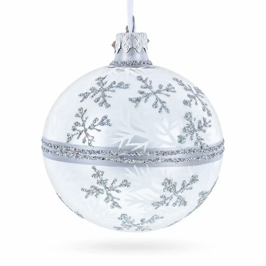 White Winter Glitter Snowflake Design Glass Ball Christmas Ornament 3.25 Inches BestPysanky Default Title Default Title-