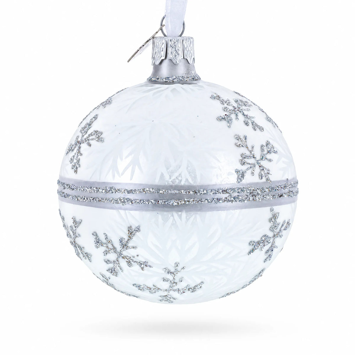 White Winter Glitter Snowflake Design Glass Ball Christmas Ornament 3.25 Inches