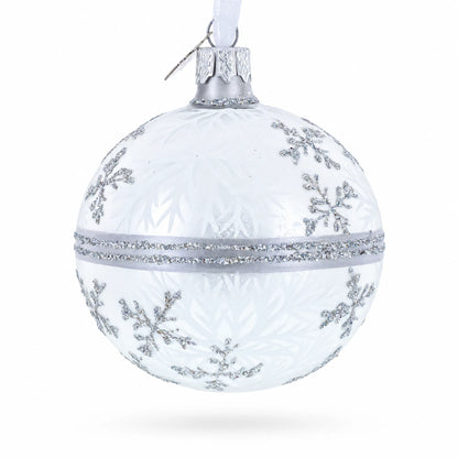 White Winter Glitter Snowflake Design Glass Ball Christmas Ornament 3.25 Inches