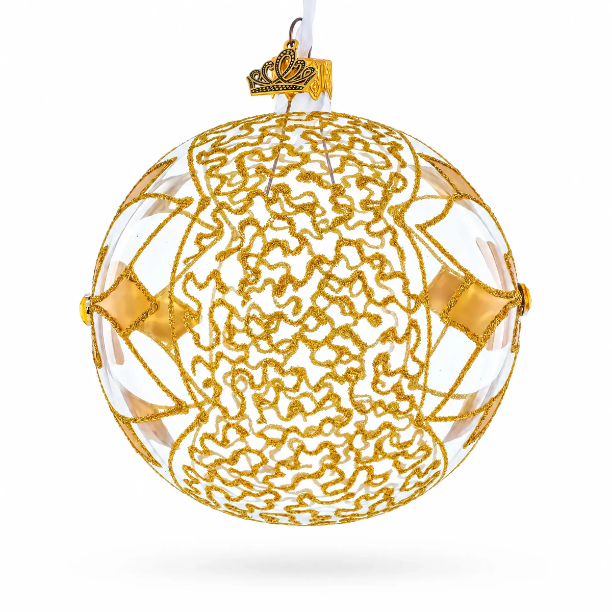 Gold Blossom with Gem Center Glass Ball Christmas Ornament 4 Inches