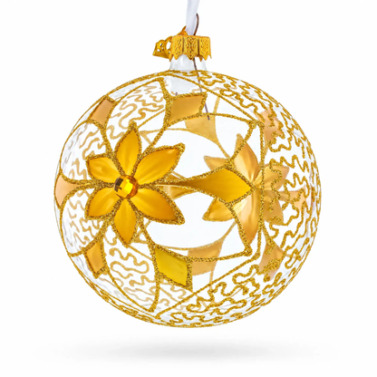 Gold Blossom with Gem Center Glass Ball Christmas Ornament 4 Inches