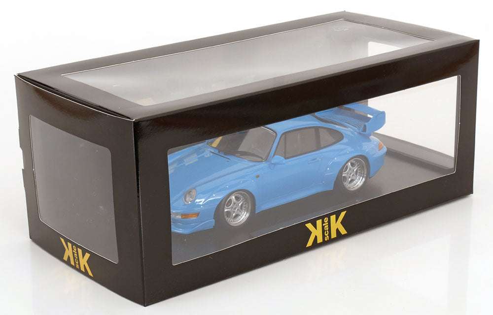 Blue 1:18 scale Porsche GT2 model car in a black display box with window