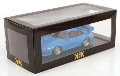 Blue 1:18 scale Porsche GT2 model car in a black display box with window