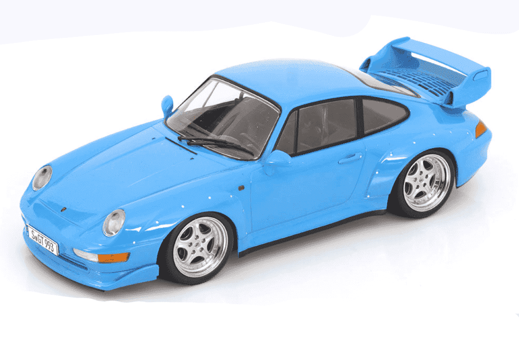Blue 1:18 scale Porsche GT2 model car with open hood and white wheels