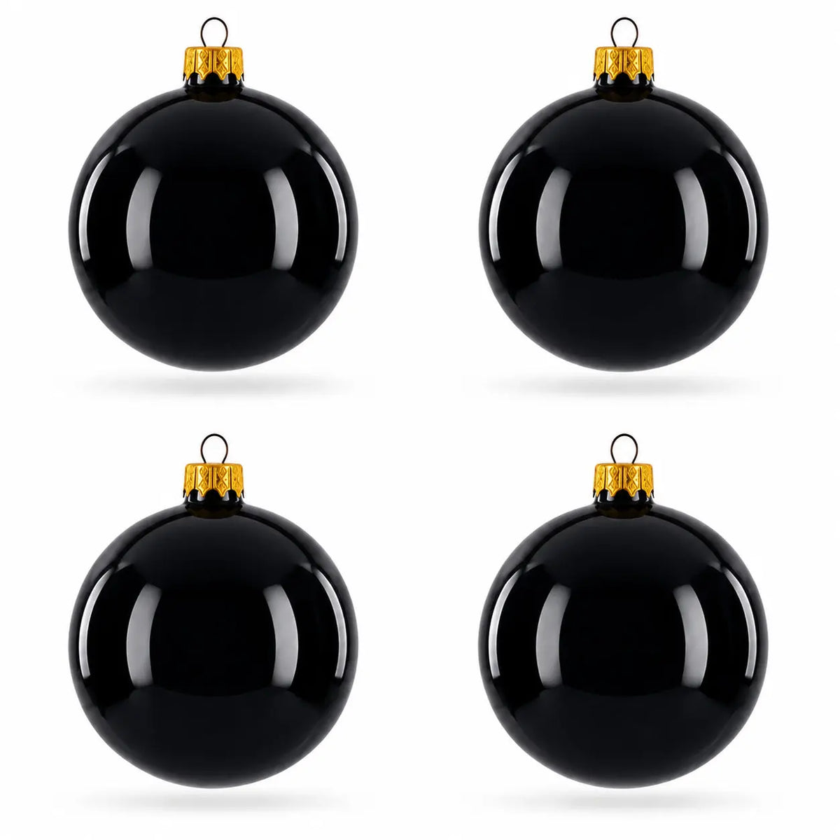 Set of 4 Glossy Black Glass Ball Christmas Ornaments 4 Inches (003)