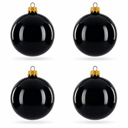 Set of 4 Glossy Black Glass Ball Christmas Ornaments 4 Inches (003)