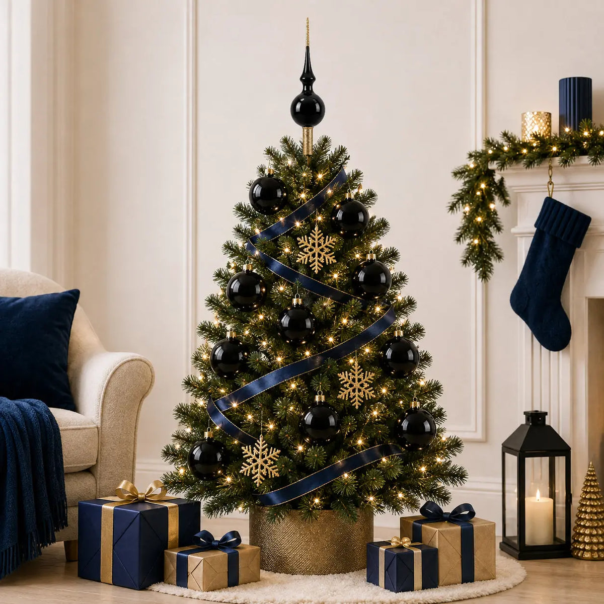 Set of 4 Glossy Black Glass Ball Christmas Ornaments 4 Inches (003)