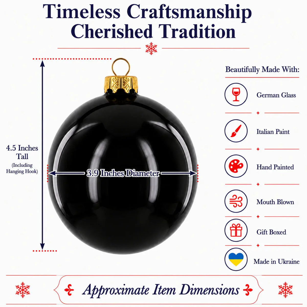 Set of 4 Glossy Black Glass Ball Christmas Ornaments 4 Inches (003)