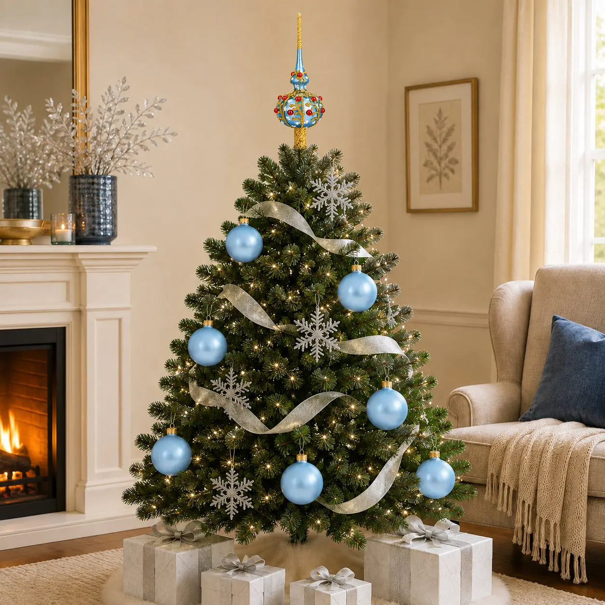 Set Of 4 Light Matte Blue Glass Ball Christmas Ornaments 4 Inches (010)