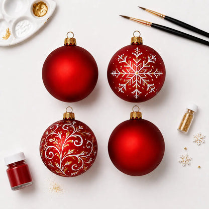 Set of 4 Translucent Red Glass Ball Christmas Ornaments 4 Inches (022)