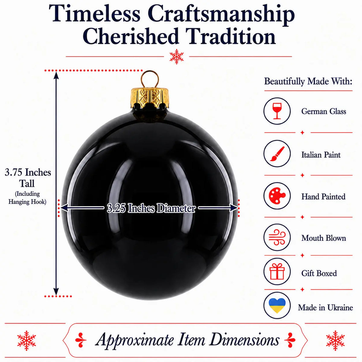 Black Glossy Glass Ball Christmas Ornament 3.25 Inches (036)
