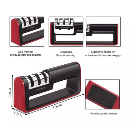 Knife sharpener with black housing, red end caps, and sharpening grooves