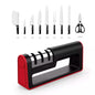 Knife sharpener tool with red-and-black base and multiple sharpening slots
