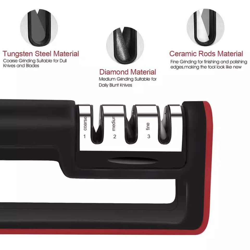 Knife sharpener with close-up sharpening grooves and red frame