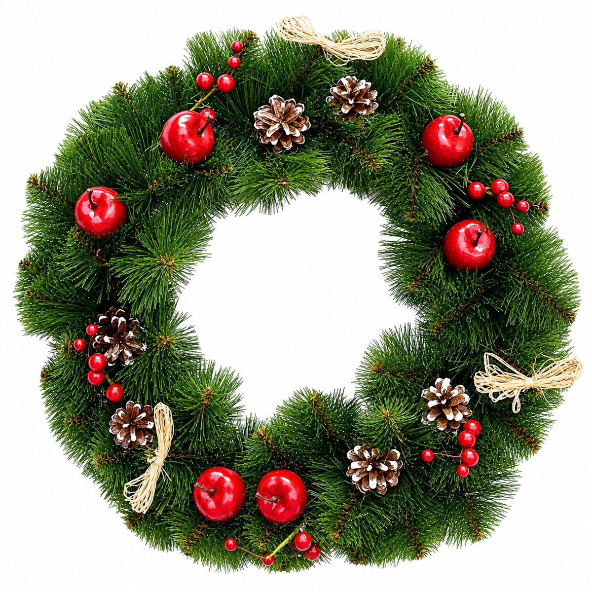 Ukrainian Christmas Wreath with Frosted Straw Bows, Apples & Pine Cones 20 Inches