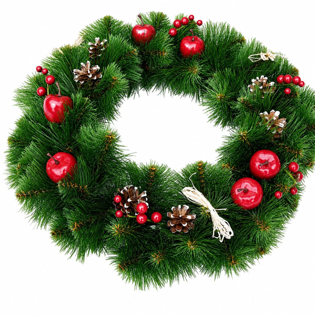Ukrainian Christmas Wreath with Frosted Straw Bows, Apples & Pine Cones 20 Inches