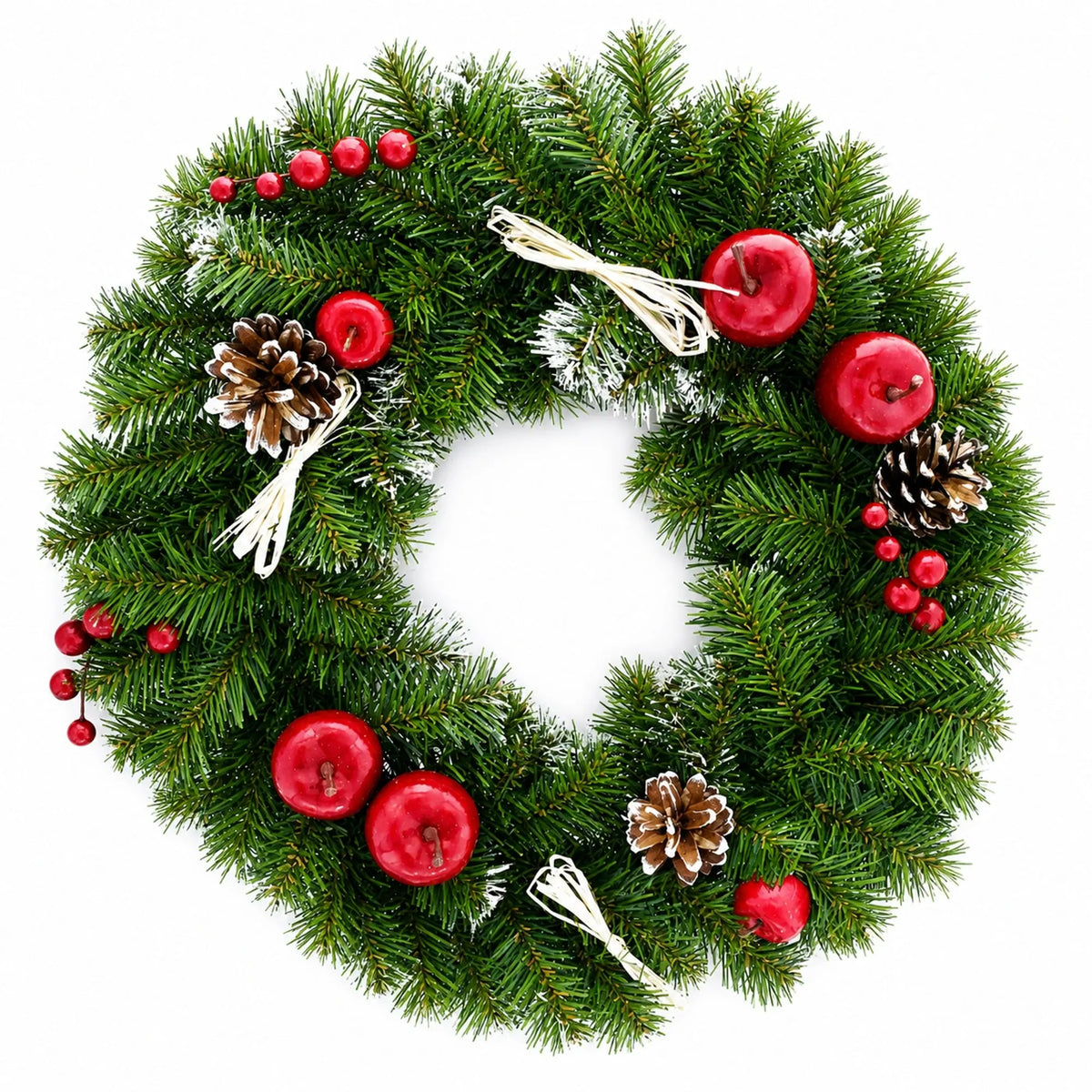 Ukrainian Christmas Wreath w. Frosted Straw Bows, Apples & Pine Cones 16 Inches