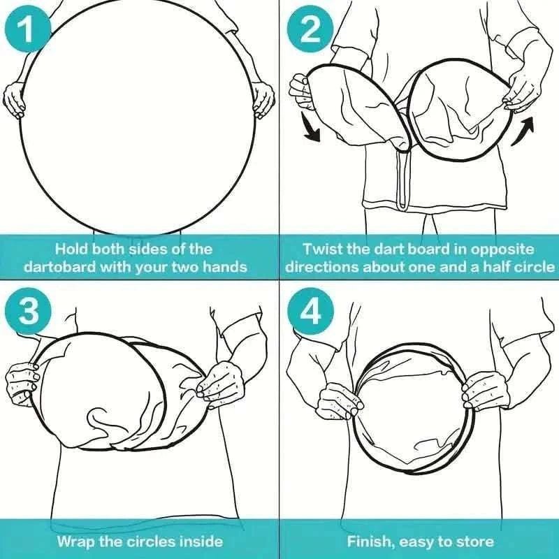 Dartboard sticky ball instructions showing hold, twist, wrap, and store steps