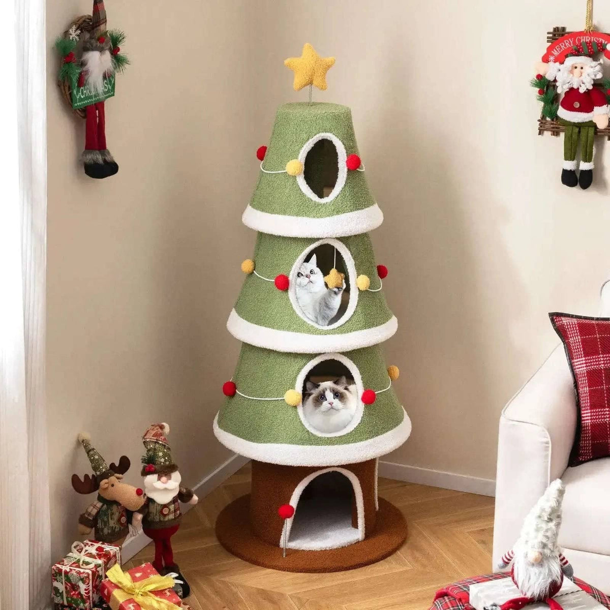 Large Christmas Cat Tree for Indoor Cats 61 Inch Cute Cat Tower with 4 Condos-Green Cartsfy Inc.