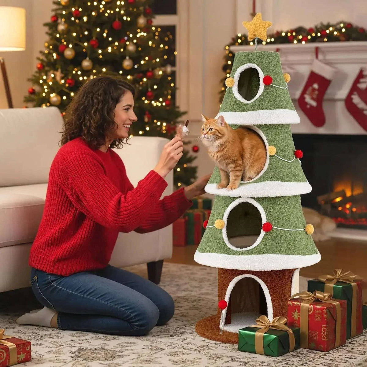 Large Christmas Cat Tree for Indoor Cats 61 Inch Cute Cat Tower with 4 Condos-Green Cartsfy Inc.
