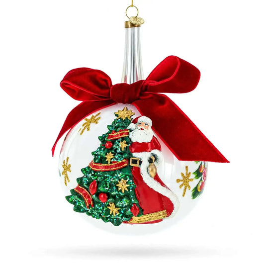 Large Santa, Tree, and Red Bow Glass Ball Christmas Ornament 7 Inches Cartsfy Inc.