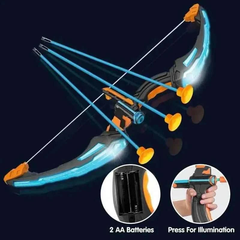 LED archery toy bow with glowing blue arrow shafts and suction-cup tips