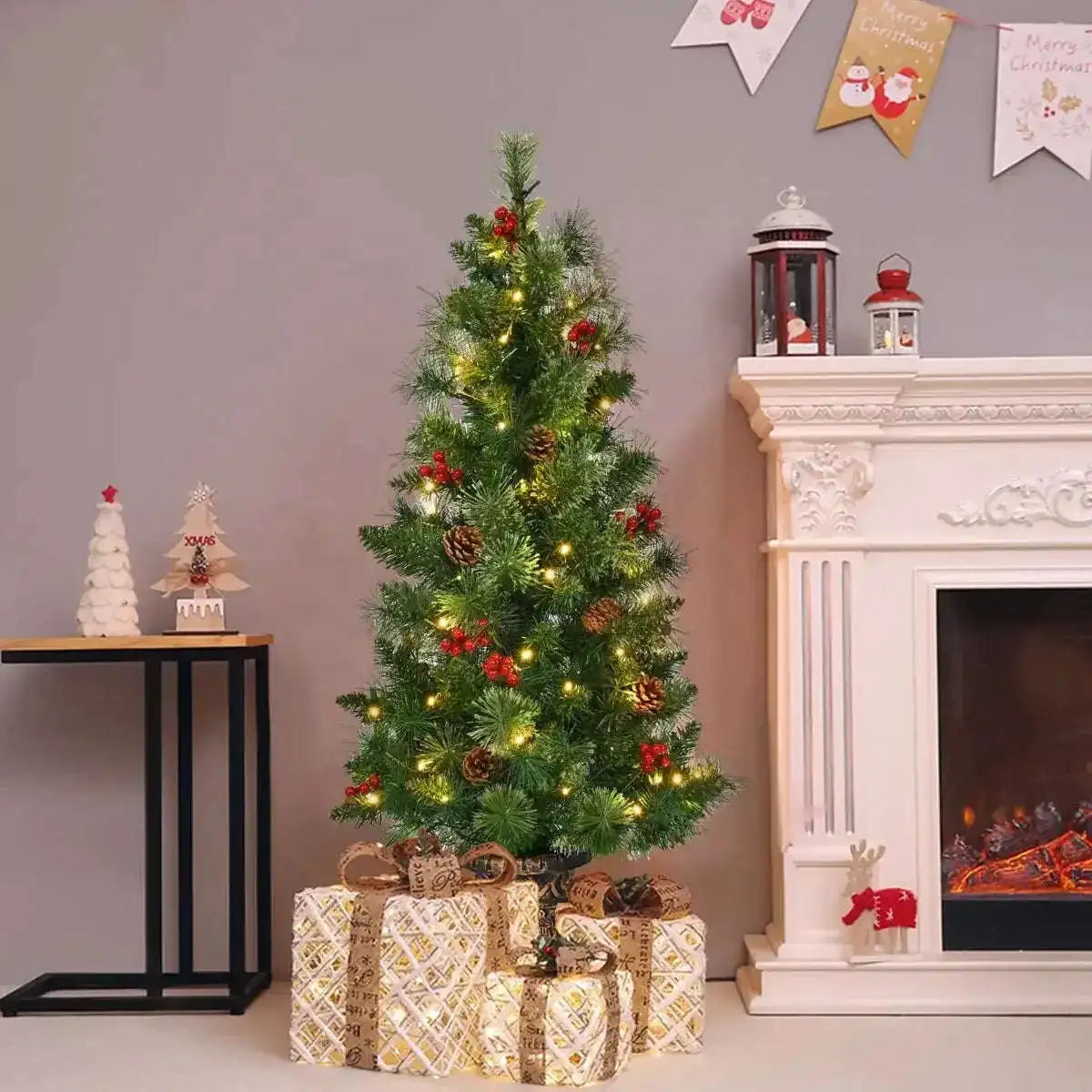 LED Christmas Tree with Red Berries Pine Cones Cartsfy Inc.