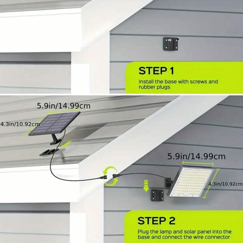 Solar LED motion floodlight installation showing mounting base and plug-in solar panel